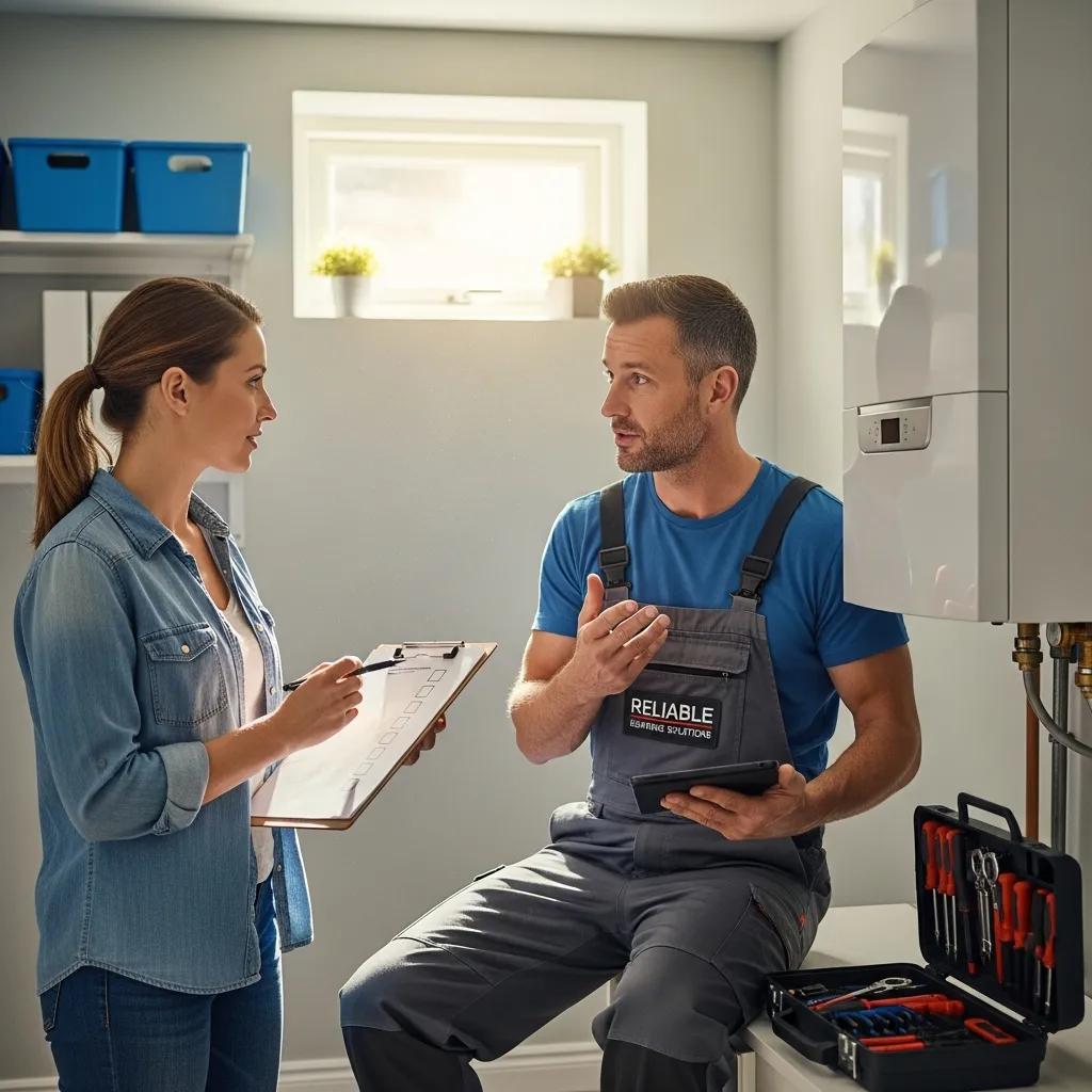 Homeowner reviewing checklist with boiler technician in a professional setting